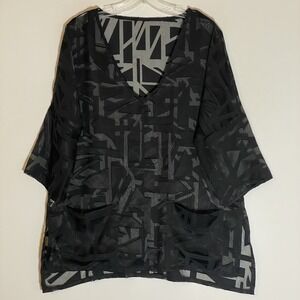 Babette Top Womens Medium Black Boxy Oversized 3/4 Sleeve Blouse Pockets Sheer M